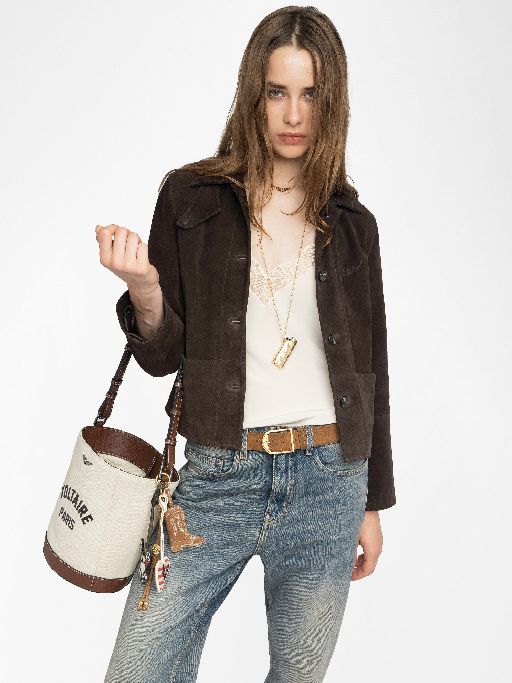 Lessa Suede Leather Jacket - Short buttoned jacket in suede leather with embossed wing on the back.